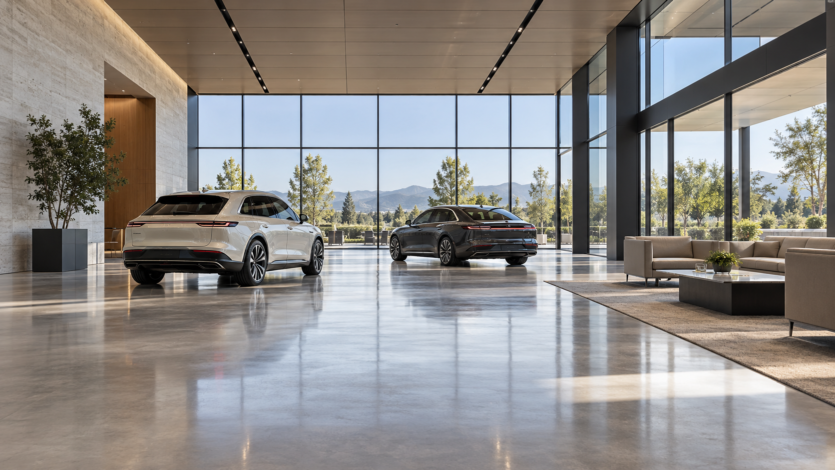 Illustrative dealership showroom and adjacent customer lounge