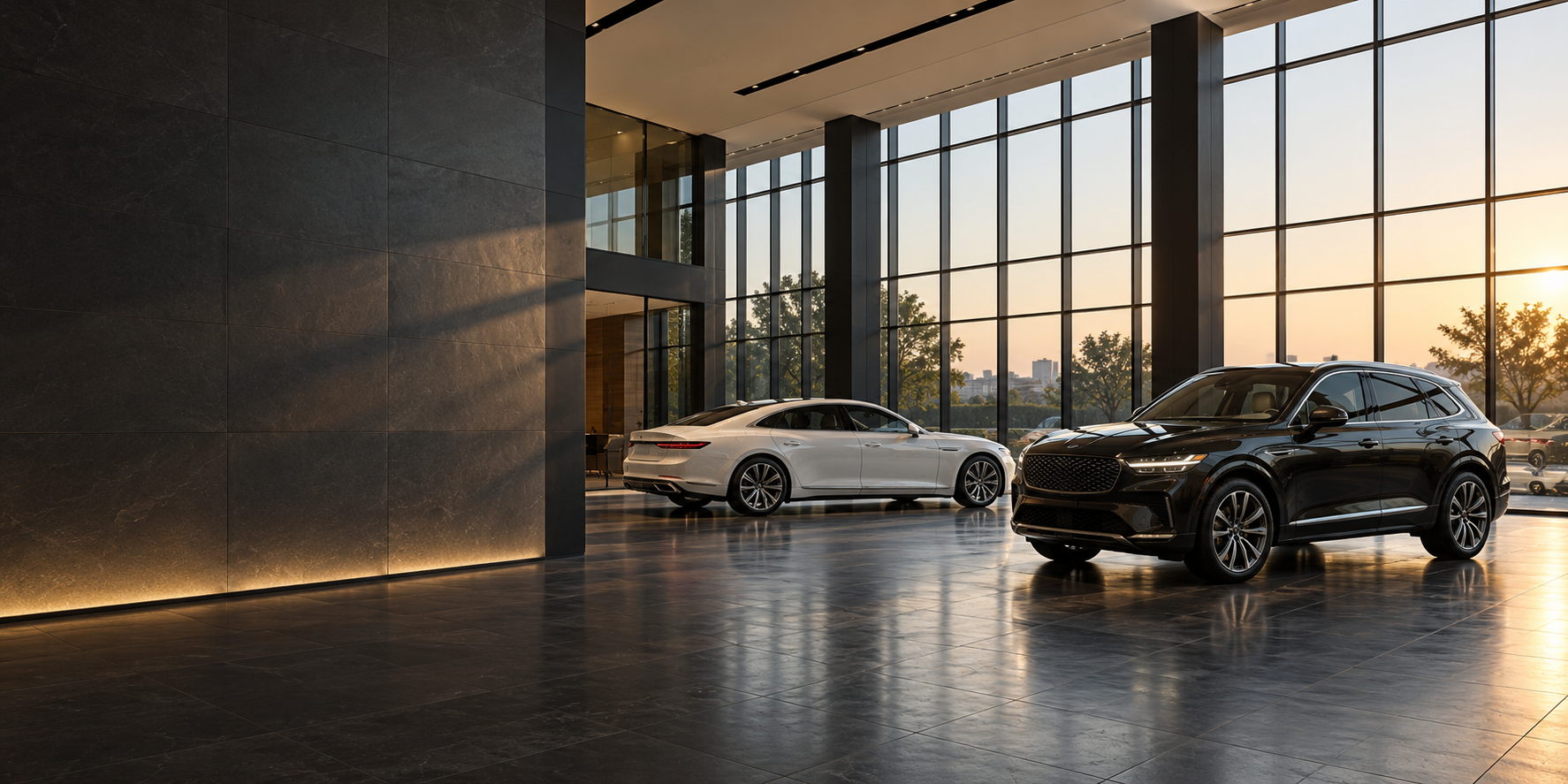 Illustrative modern automotive showroom with vehicles on display