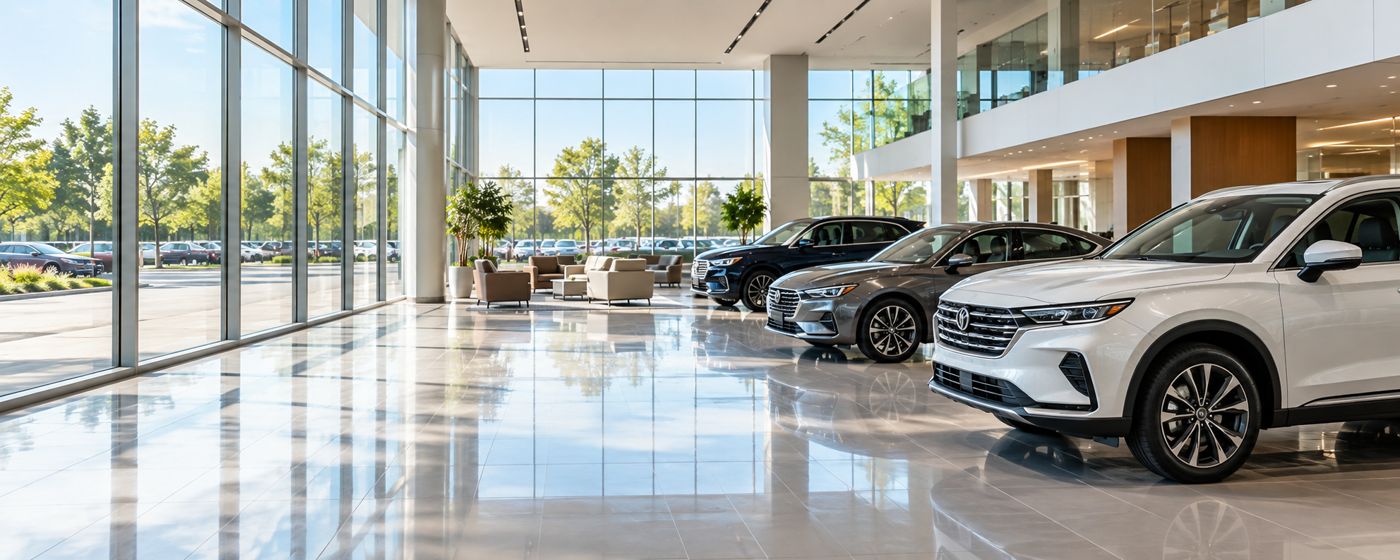 Illustrative panoramic view across an automotive showroom